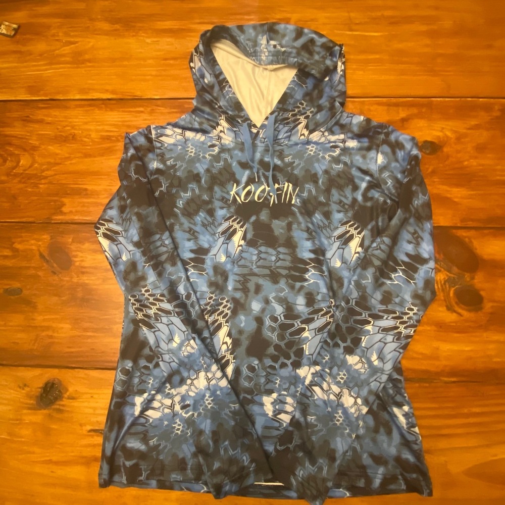 KooFin Gear Mens Hoodie Medium Performance Fishing‎ Camo Pullover Blue Black